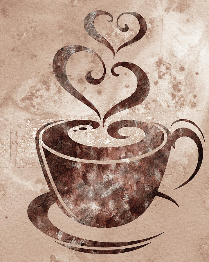 Warm Beige Brown Colorful Coffee Cup With Two Sweet Hearts Delicious Watercolor Painting by Irina Sztukowski