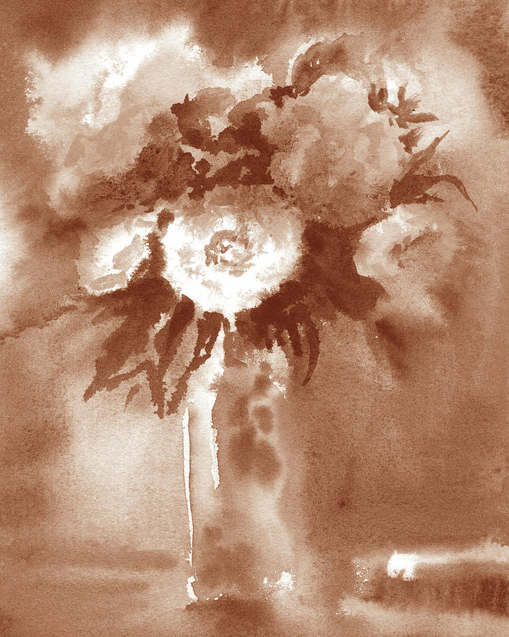  Warm Beige Brown Monochrome Palette Abstract Flowers Watercolor Floral Splash Painting by Irina Sztukowski