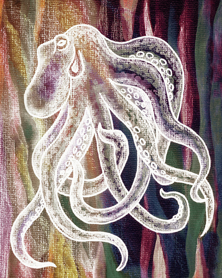 Warm Beige Deep Red Sea Watercolor Octopus Beach Art Painting by Irina Sztukowski