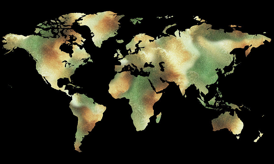 Warm Beige Green Marble Watercolor World Map Silhouette Painting by Irina Sztukowski
