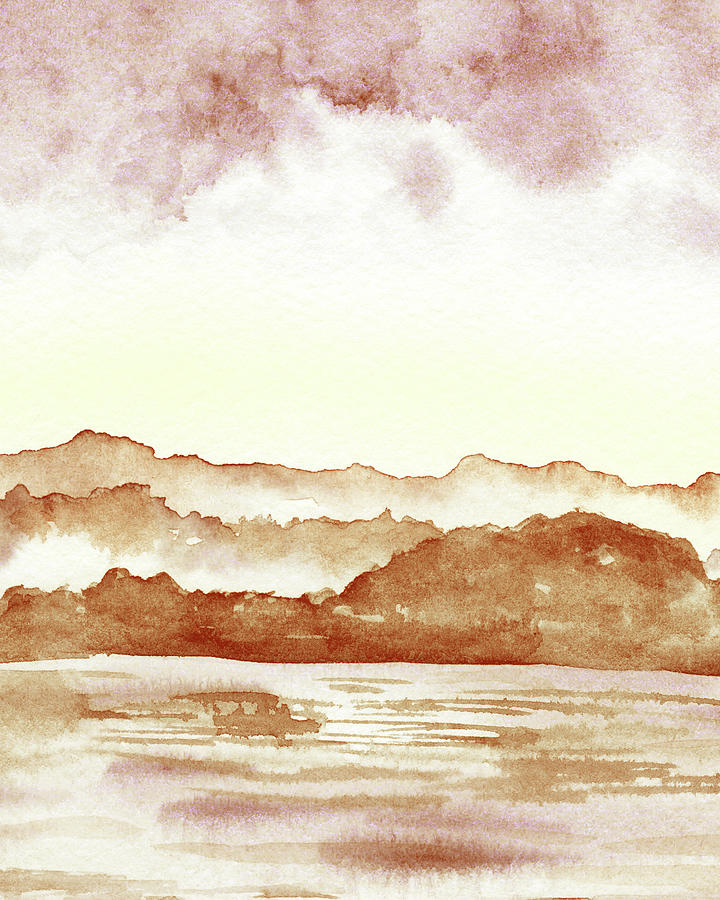 Warm Beige Landscape River Hills Fog Painting