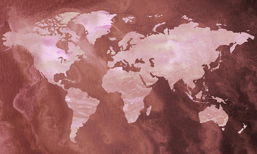 Warm Brown And Pink Watercolor World Map Silhouette  Painting by Irina Sztukowski