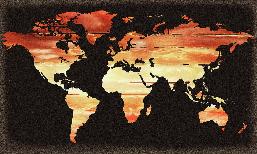 Warm Glow On Brown World Map Watercolor Silhouette Painting by Irina Sztukowski