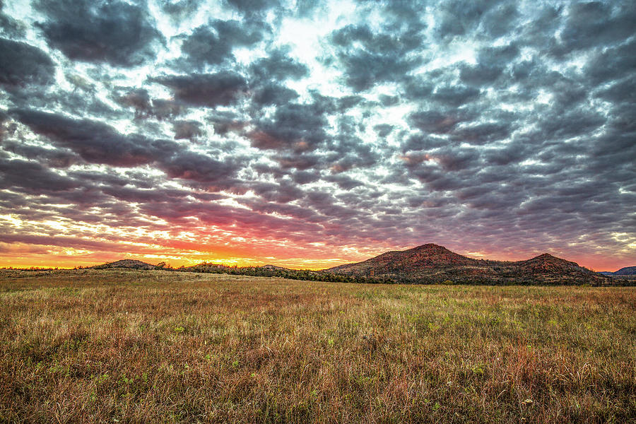 Wildlife Photograph - Warm Glow - Sunset Over Wichita Mountains in Oklahoma by Southern Plains Photography