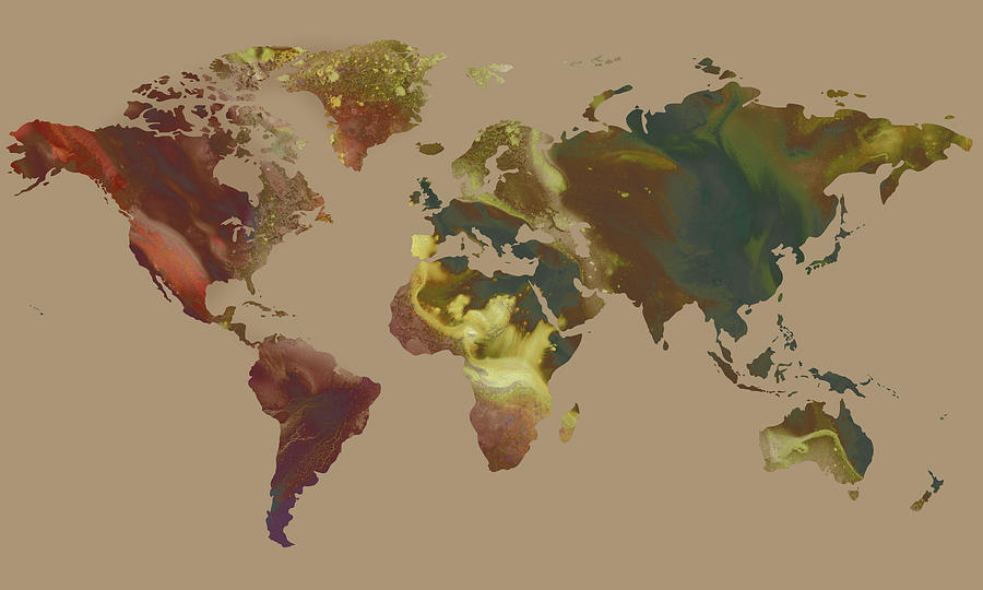 Warm Glowing Watercolor World Map Silhouette  Painting by Irina Sztukowski