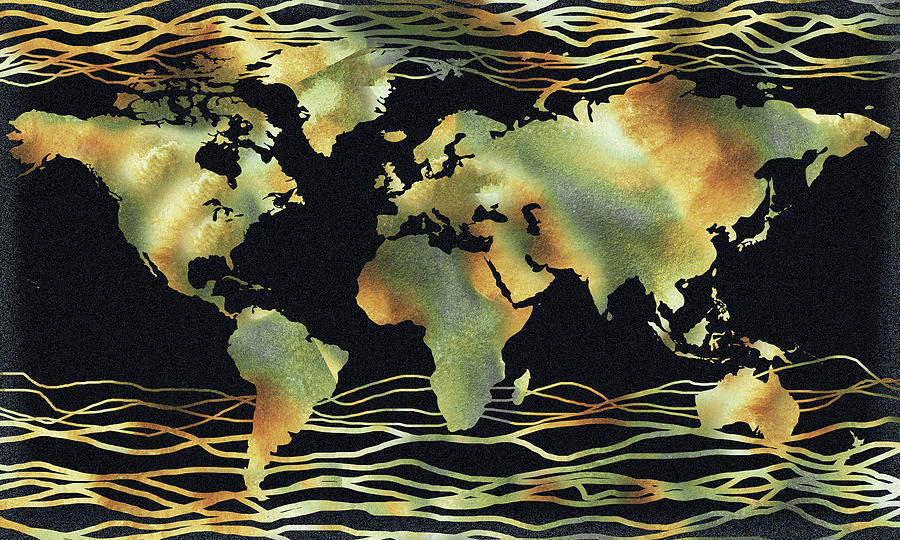 Warm Gold World Map Watercolor Silhouette With Dark Background V Painting by Irina Sztukowski