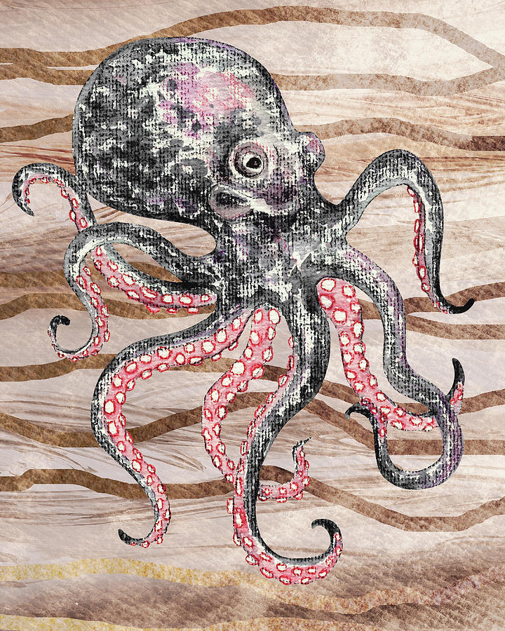 Warm Gray Watercolor Octopus On Calm Beige Wave Beach Art Painting by Irina Sztukowski