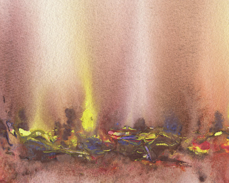 Warm Mystical Landscape With Light Watercolor Abstract  Painting by Irina Sztukowski