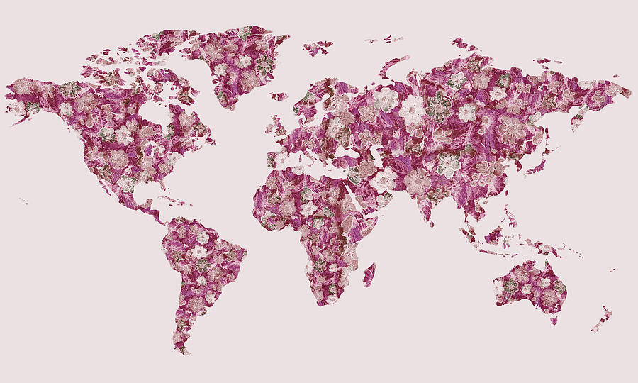 Warm Pink Flowers World Map Watercolor Silhouette Painting by Irina Sztukowski