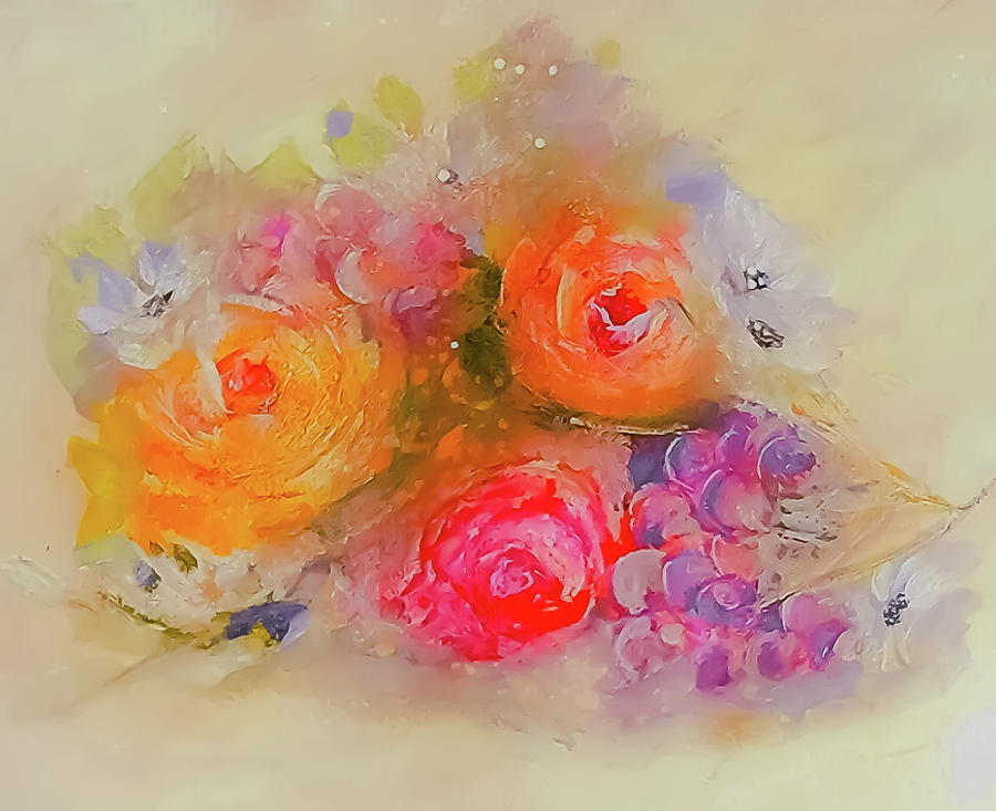 Warm Welcoming Blooming Flowers with Fruit Painting by Lisa Kaiser