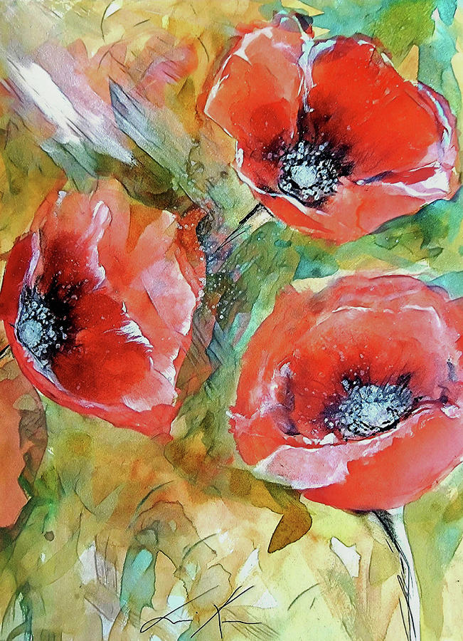 Warm Windy Poppy Watercolour Painting by Lisa Kaiser