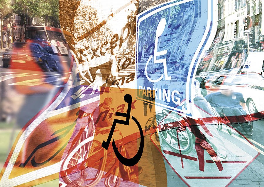 Warped handicapped signs superimposed over busy street Drawing by Wire Design