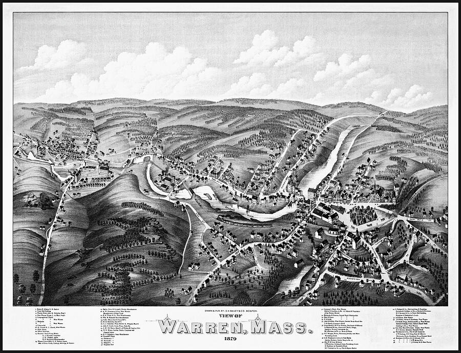 Warren Massachusetts Vintage Map Birds Eye View 1879 Black and White ...