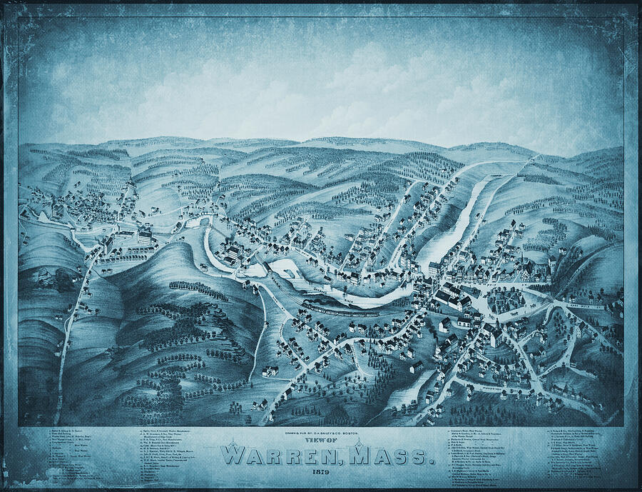 Warren Massachusetts Vintage Map Birds Eye View 1879 Blue Photograph by ...