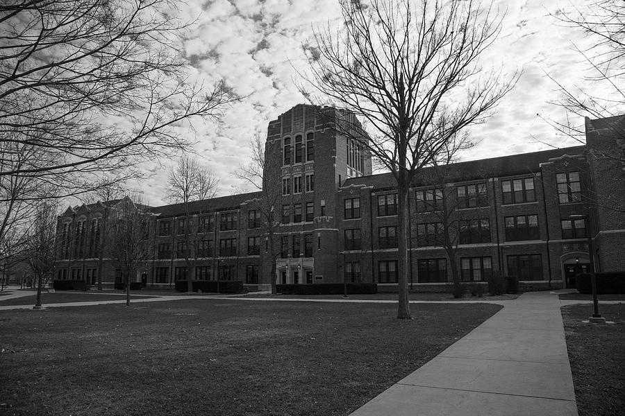 Warriner Hall at Central Michigan University black and white Photograph by Eldon McGraw
