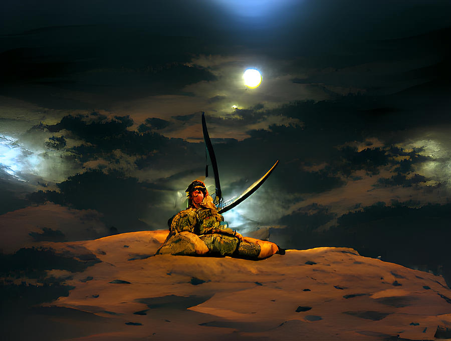 Warrior at Rest Under Moon Digital Art by Eric Wait