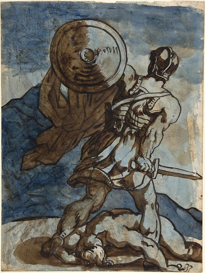 Warrior Holding a Shield and Sword, Seen from the Back Drawing by Theodore Gericault