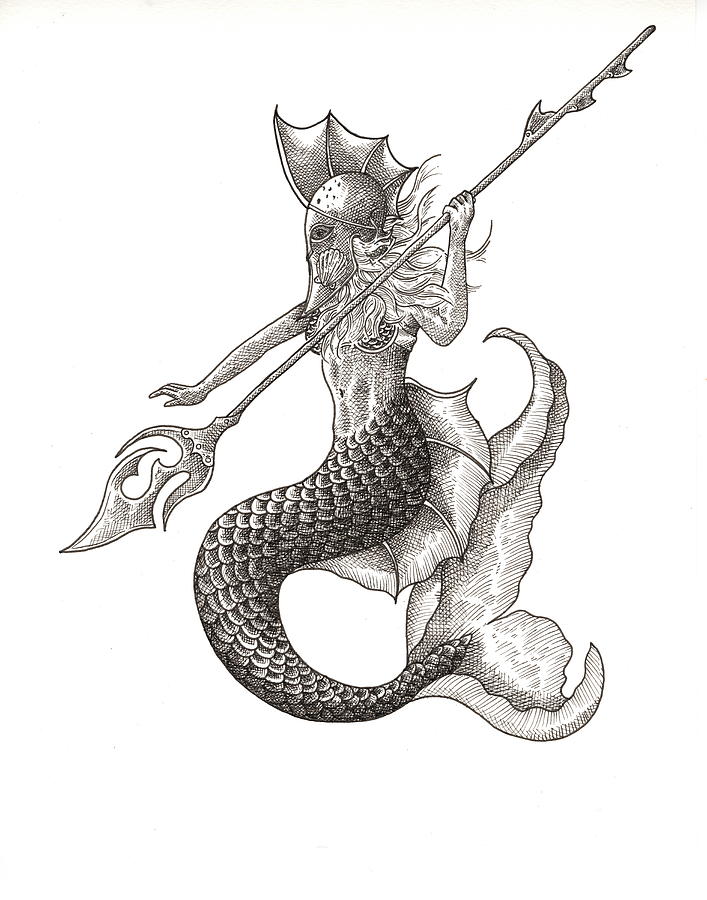 Warrior Mermaid Lines Drawing by Mark Darnobid - Pixels