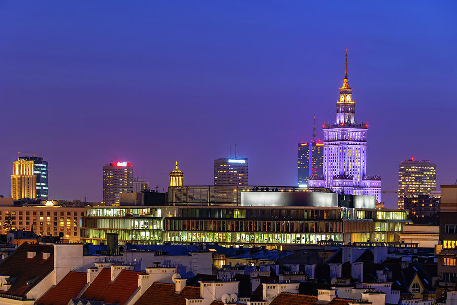 Warsaw City Skyline at Night in Poland Photograph by Artur Bogacki