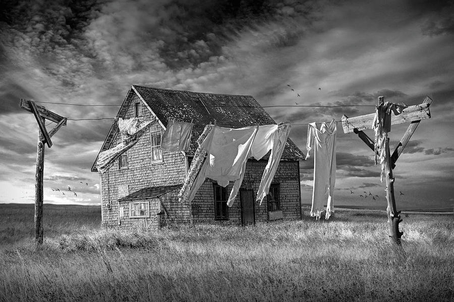 Wash on the Clothesline by Old Rustic House in Black and White  Photograph by Randall Nyhof