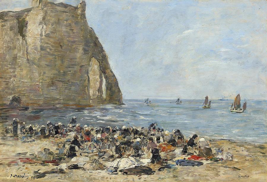 Washerwomen on the Beach of Etretat Drawing by Eugene Boudin French