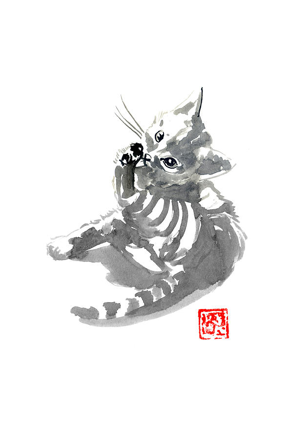 Cat Drawing - Washing Cat by Pechane Sumie