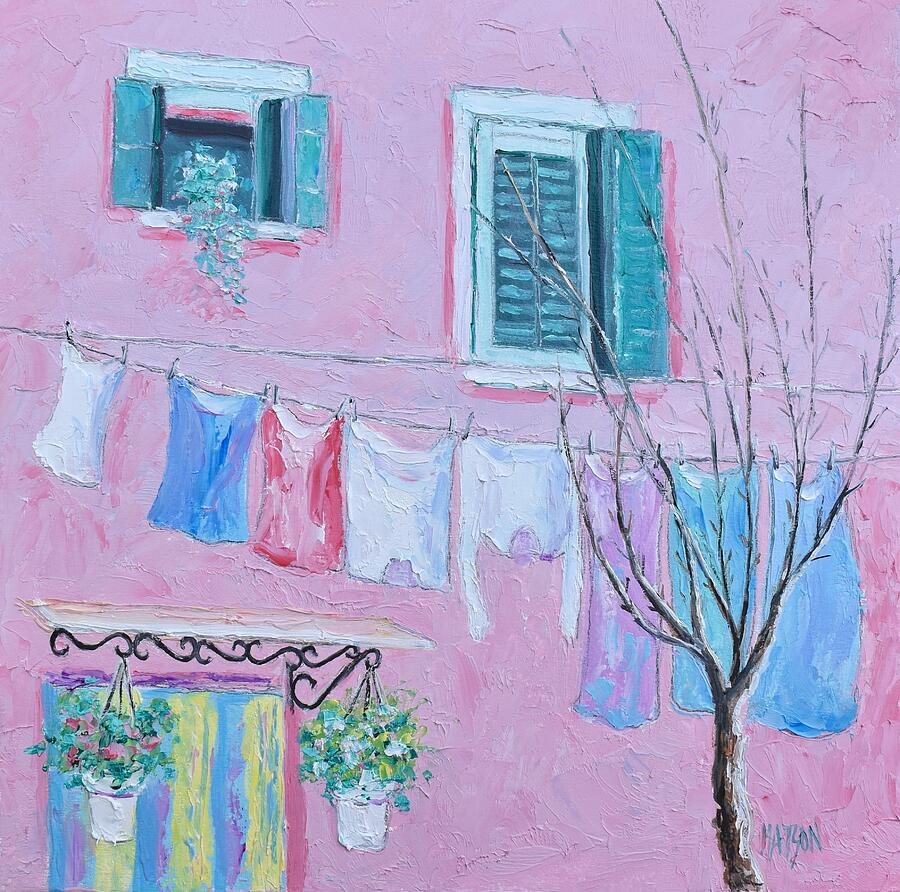 Washing day at the pink villa, Burano Painting by Jan Matson Washing day at the pink villa, Burano Painting by Jan Matson