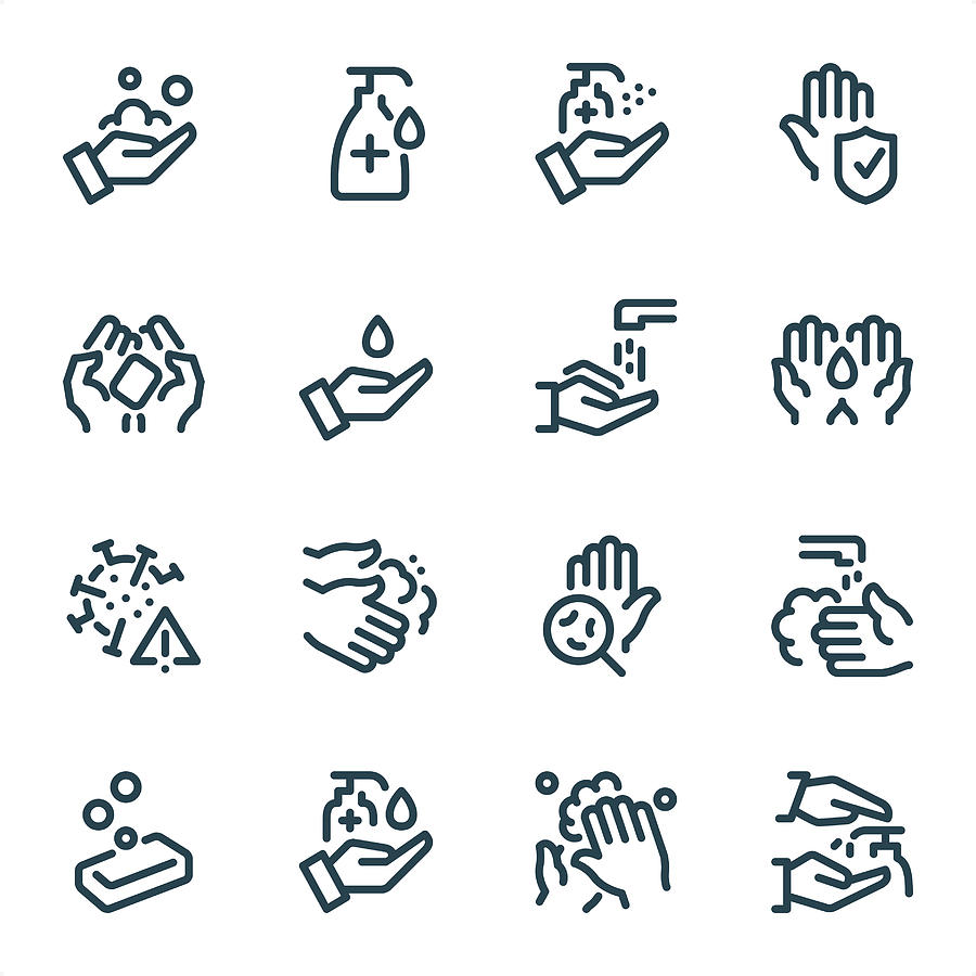 Washing Hands and Hygiene - Pixel Perfect Unicolor line icons Drawing by Lushik