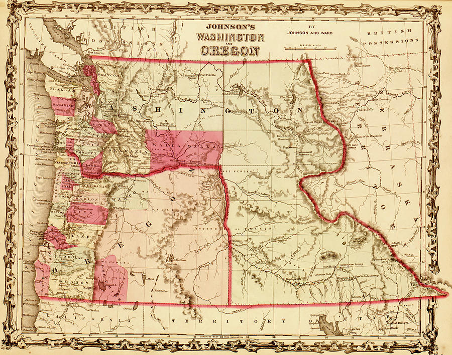 Map Drawing - Washington and Oregon Territories 1862 by Vintage Maps