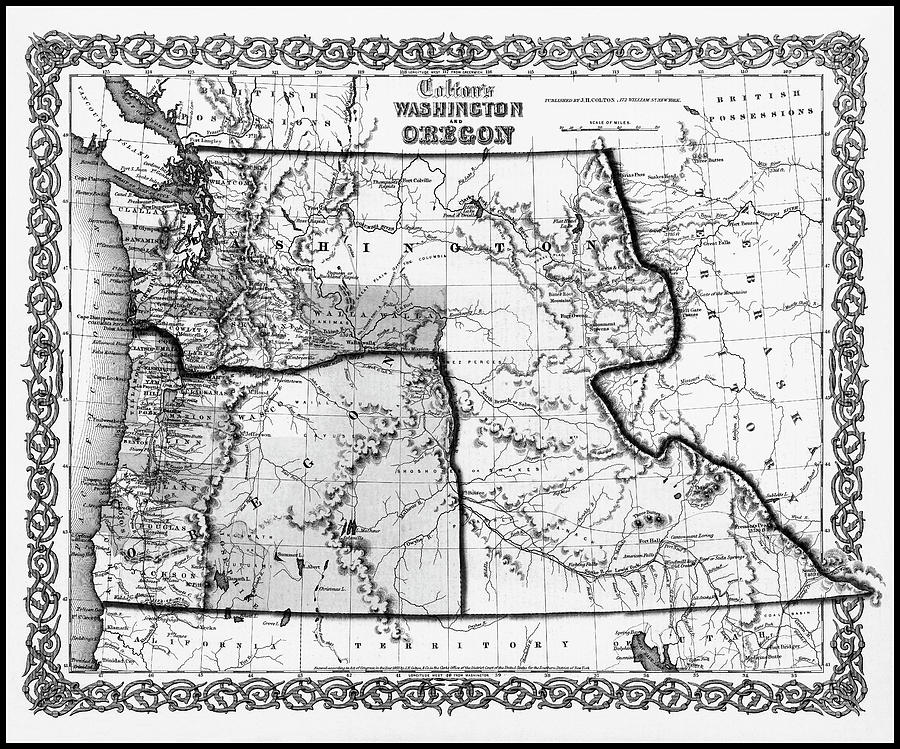 Seattle Photograph - Washington and Oregon Vintage Map 1853 Black and White by Carol Japp
