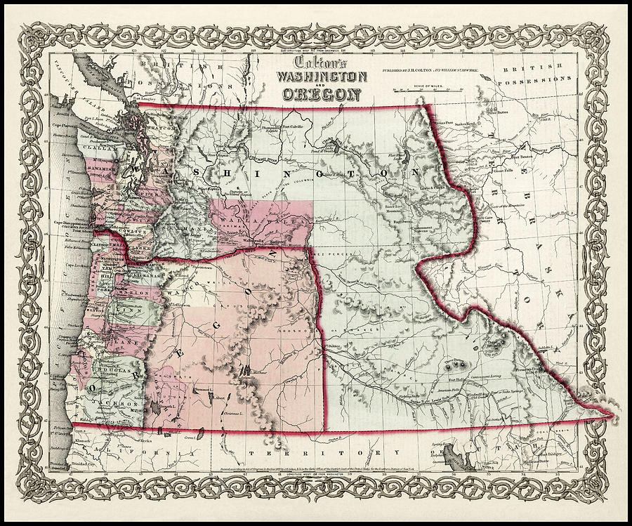 Seattle Photograph - Washington and Oregon Vintage Map 1853 by Carol Japp