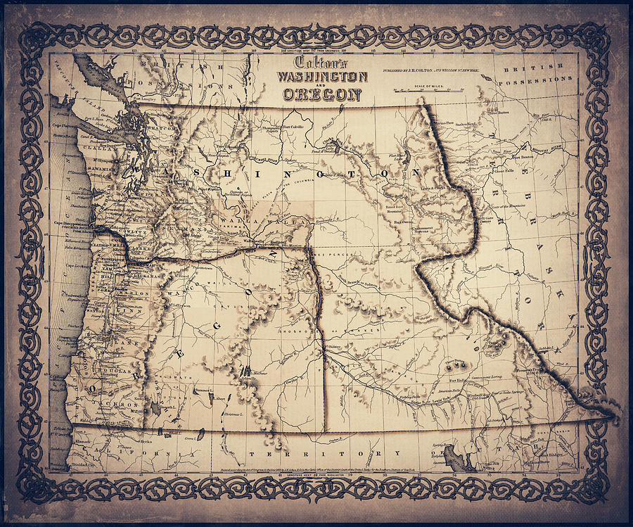 Seattle Photograph - Washington and Oregon Vintage Map 1853 Sepia by Carol Japp