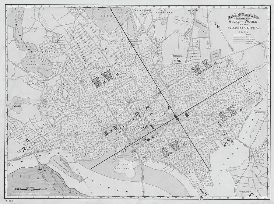 Washington DC 1895 Historical Map in Black and White Photograph by Toby