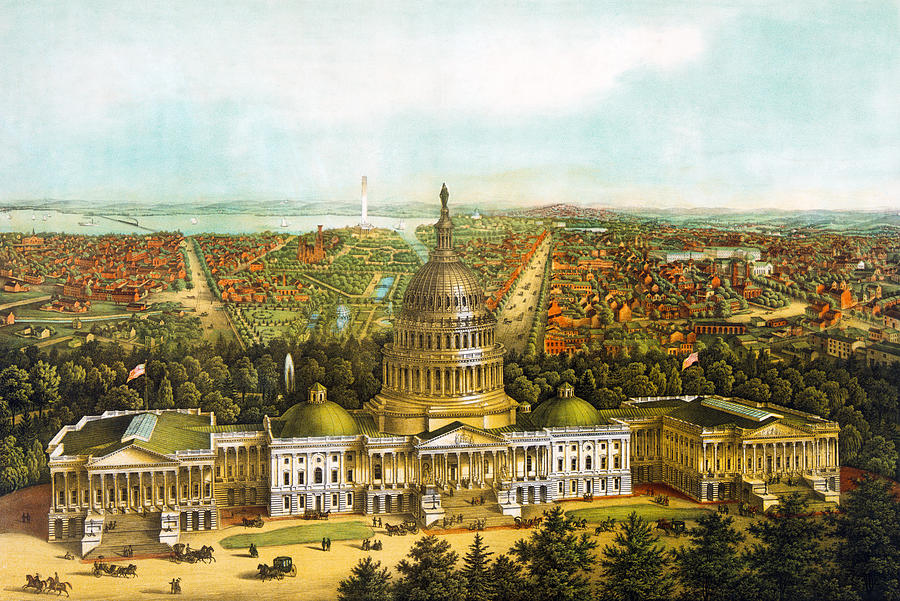 Washington DC Birds Eye View Lithograph - Circa 1871 Painting by War Is Hell Store
