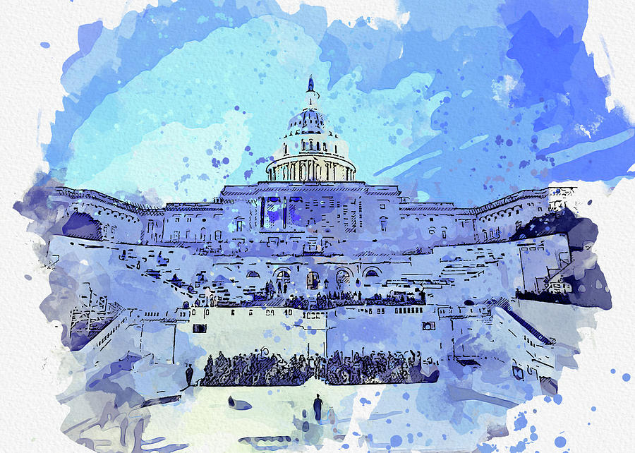 Washington Dc Capitol Buildings Landmark, watercolor, ca 2020 by Ahmet Asar Digital Art by Celestial Images
