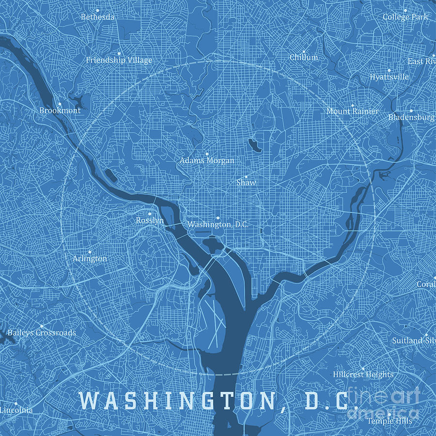 Map Digital Art - Washington DC City Vector Road Map Blue Text by Frank Ramspott