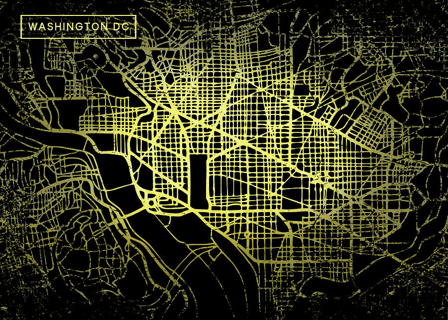 Washington DC Map in Gold and Black Digital Art by Sambel Pedes