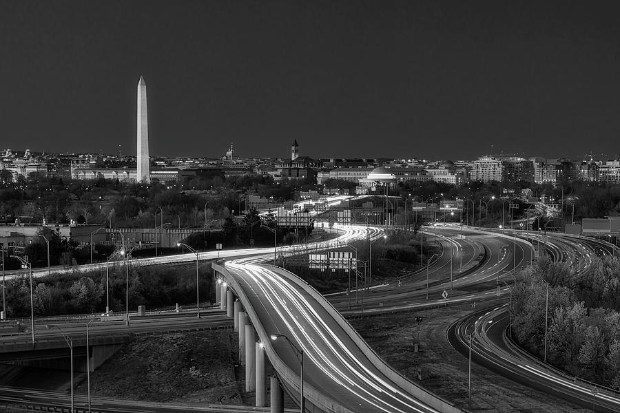 Rush Hour Movie Photograph - Washington DC Skyline Freeway Landmarks bw by Susan Candelario