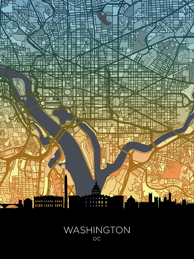 Washington DC Skyline Map #72 Digital Art by Michael Tompsett