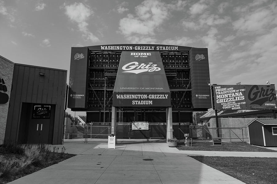 Washington Grizzly Stadium at the University of Montana in black and white Photograph by Eldon McGraw