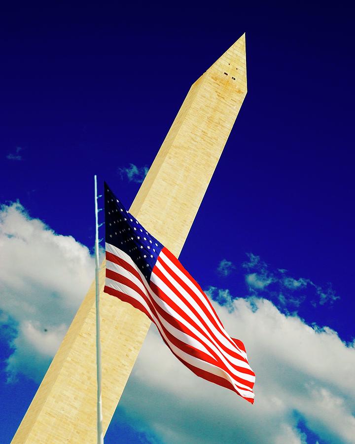 Washington Monument And Flag Photograph