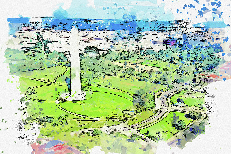 Washington Monument Washington Dc, watercolor, ca 2020 by Ahmet Asar Digital Art by Celestial Images