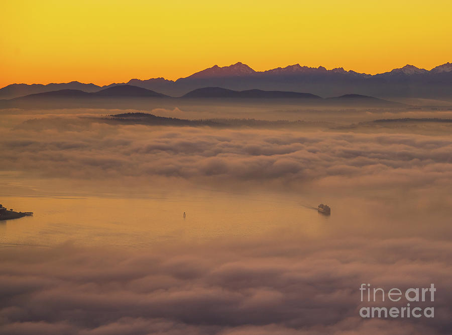 Washington State Ferry in the Golden Dusk Fog Photograph by Mike Reid