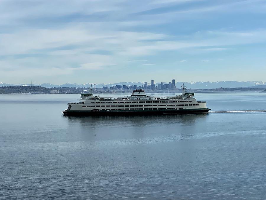 Washington State Ferry and Seattle Skyline Photograph by Jerry Abbott