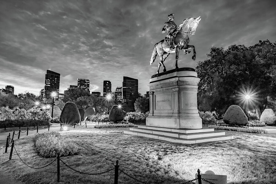 Washington Statue Within Boston Public Garden Under Dawn Skies - Black And White Photograph by Gregory Ballos Washington Statue Within Boston Public Garden Under Dawn Skies - Black And White Photograph by Gregory Ballos