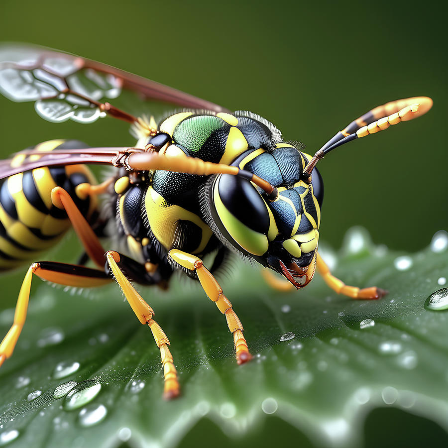 Wasp on leaf with morning dew Digital Art by Ray Shrewsberry
