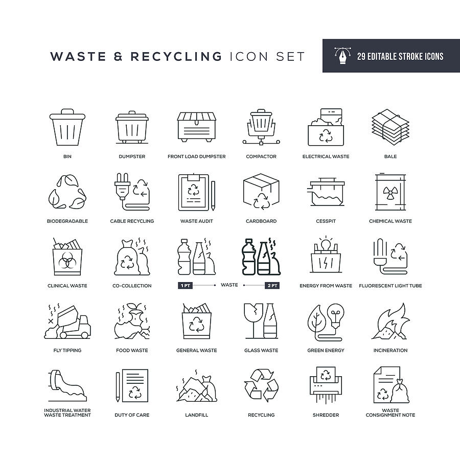 Waste and Recycling Editable Stroke Line Icons Drawing by Enis Aksoy
