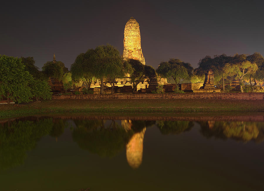 Wat Phra Ram Temple at night in Ayuthaya Photograph by Mikhail Kokhanchikov