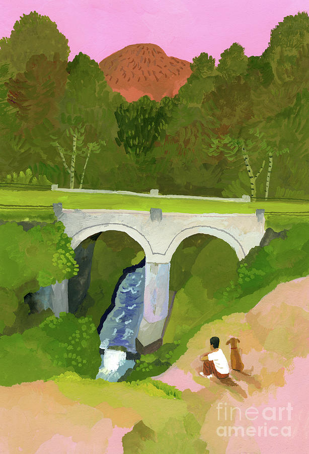 Mountain Painting - Watch the bridge with dog at dusk by Hiroyuki Izutsu