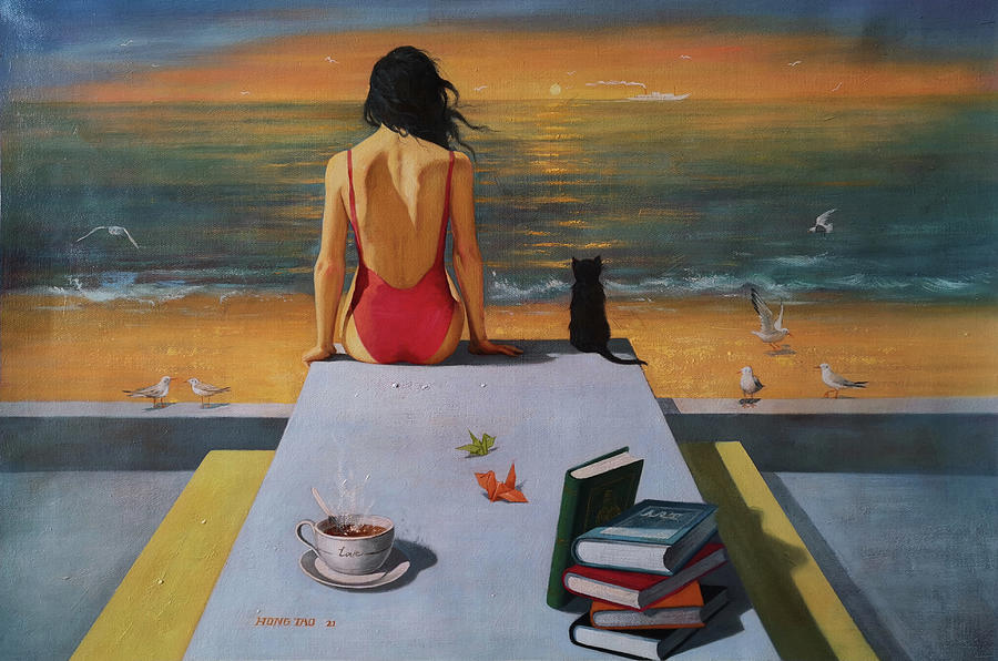 Watch the sunrise with my cat Painting by Hongtao Huang
